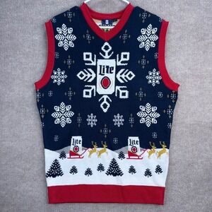Miller Lite Unisex Ugly Christmas Sweater Vest Navy Blue Red Snowflake L Festive